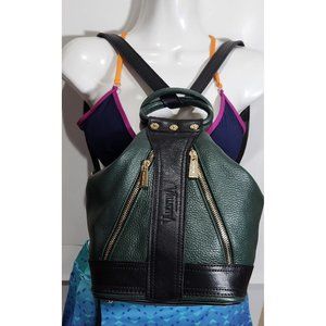Rare VALENTINA Convertible Backpack Purse Green Pebbled Leather w/ Black Italian
